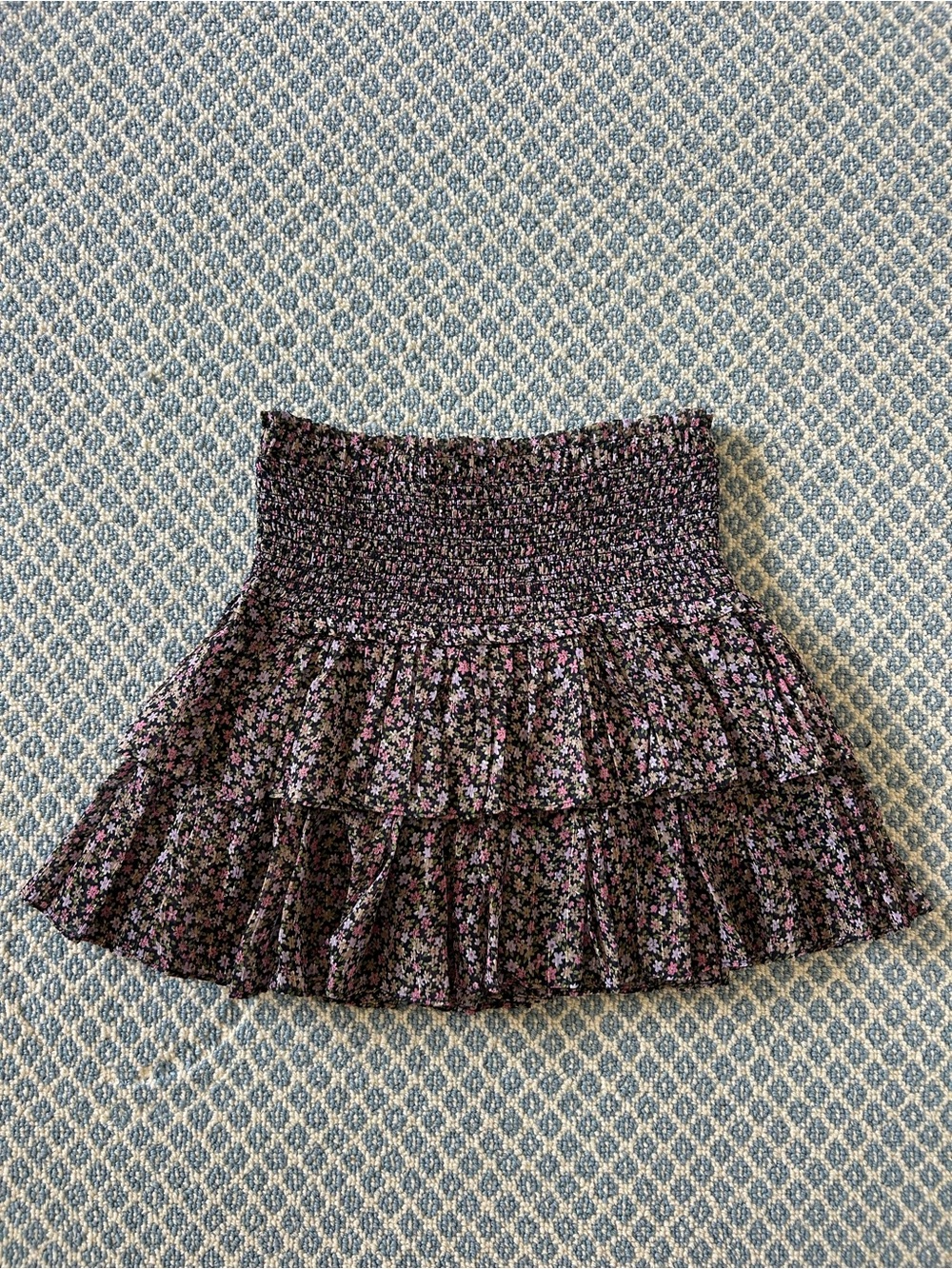 Smocked Tiered Floral Mini Skirt - Black with Pink & Purple Floral Print